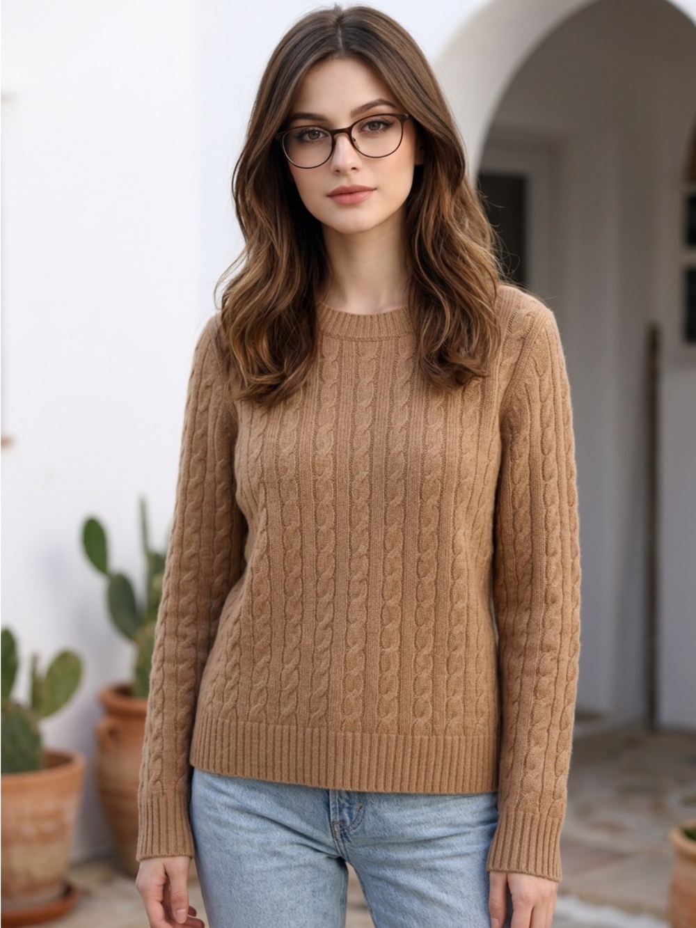 J.Crew 100% Cashmere Cable-Knit Crew Neck Pullover Sweater Caramel Tan Sz XXL